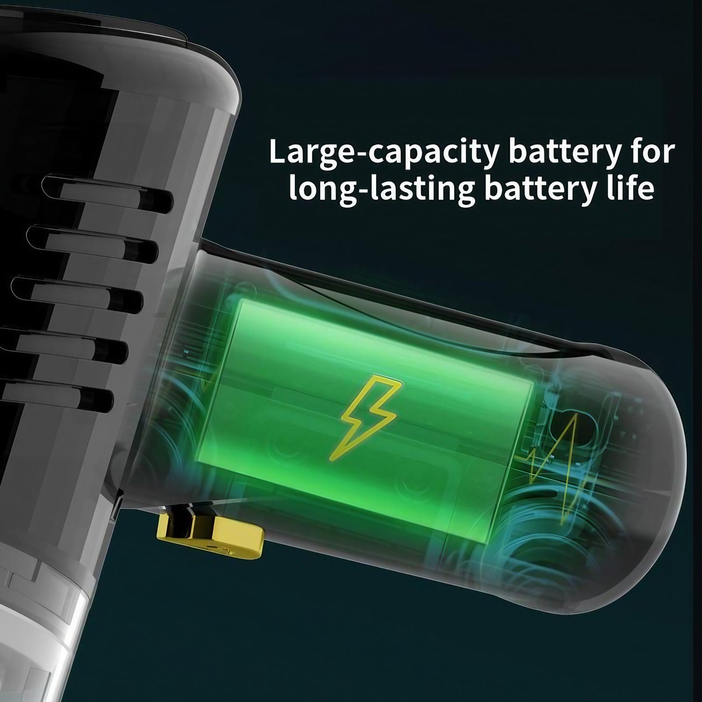 Small vacuum cleaner highlighting its long-lasting battery feature