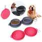 Compact travel double bowl in pink and gray designed for pets